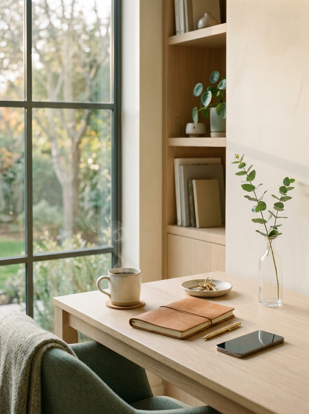 A calm, sunlit real-estate agent's desk at morning